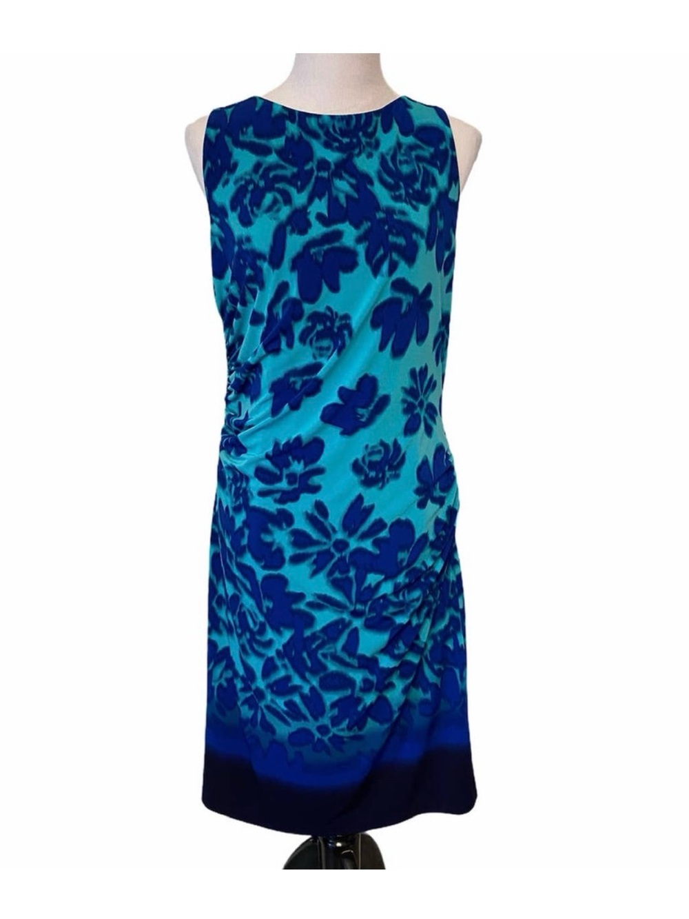 Carmen Marc Valvo Turquoise and Navy Floral Sleeveless Midi Dress